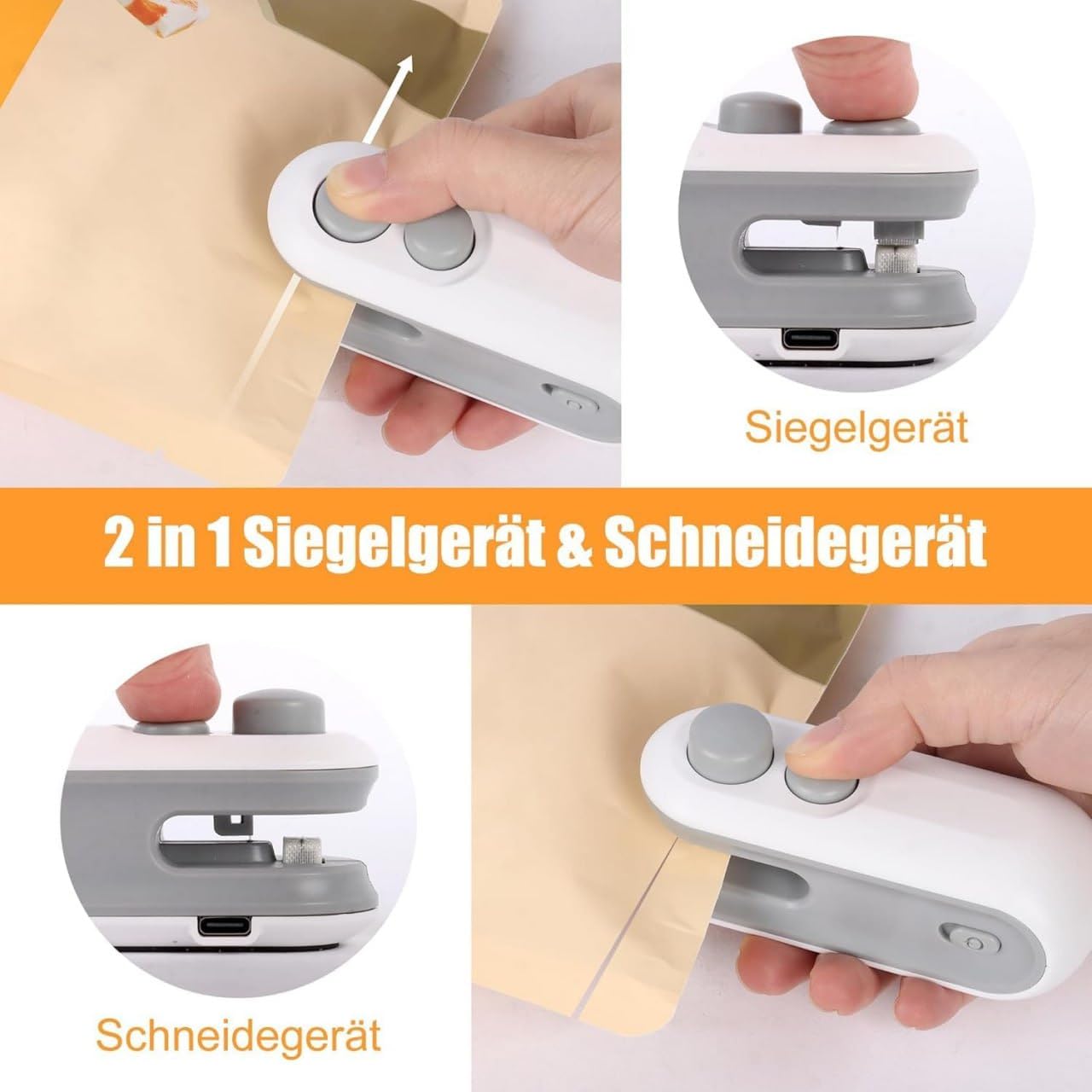 Portable Mini Sealing Machine in white and grey, a USB-C rechargeable heat sealer for food bags, with its retail box displaying usage instructions. www.usmile.toys